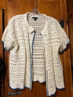 J. Nna Cream Crochet Swim Coverup with Blue Trim